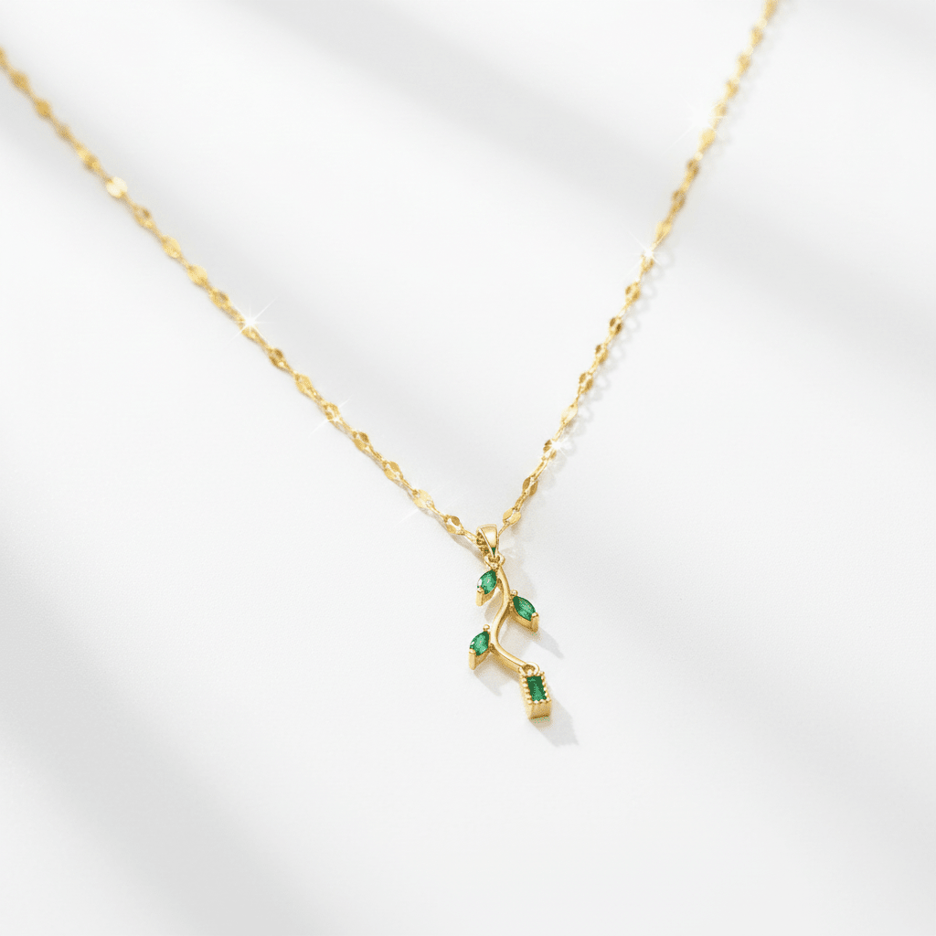 Emerald Green Leaf Branch Pendant Necklace | Gold Nature - Inspired Jade Crystal Necklace - ZI FASHION