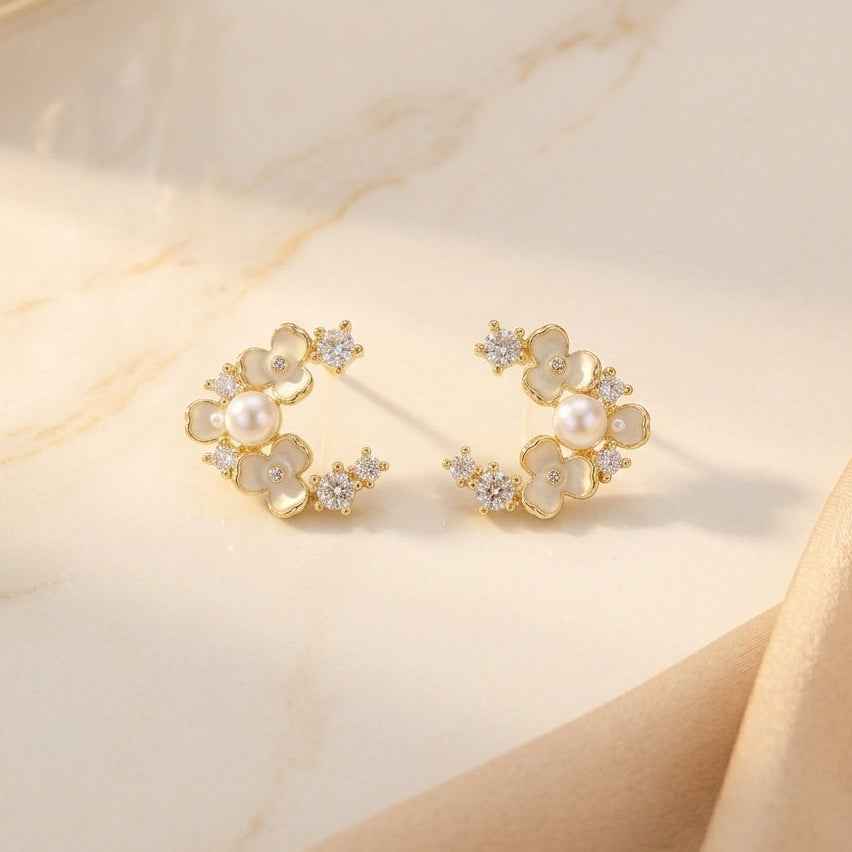 Floral Pearl Crystal Cluster Stud Earrings - ZI FASHION