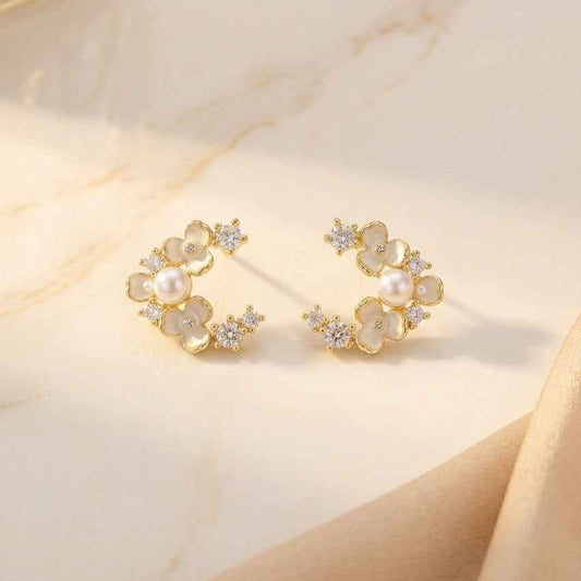 Floral Pearl Crystal Cluster Stud Earrings - ZI FASHION