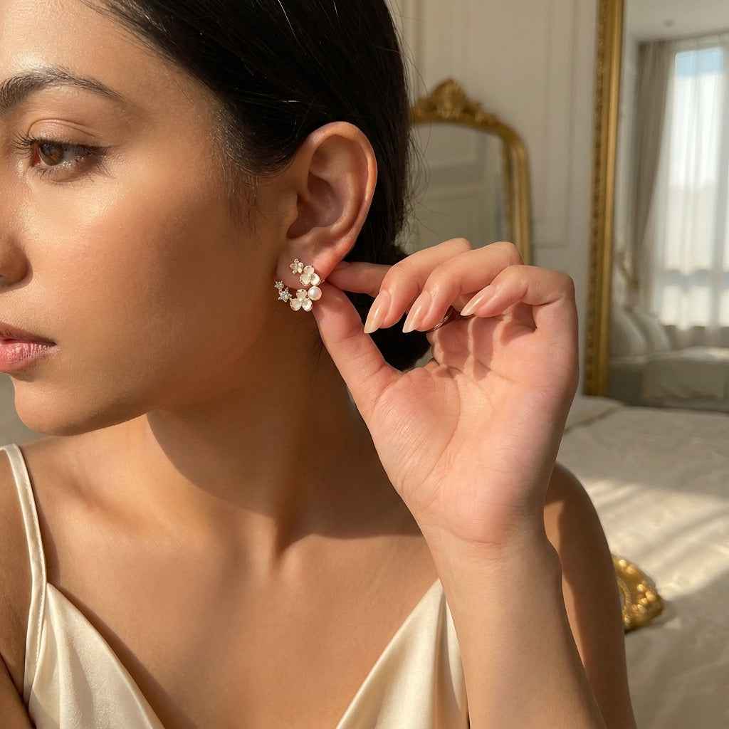 Floral Pearl Crystal Cluster Stud Earrings - ZI FASHION