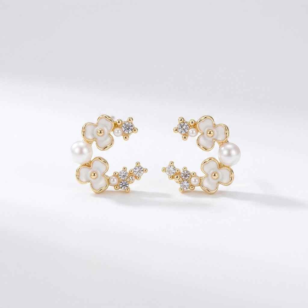 Floral Pearl Crystal Cluster Stud Earrings - ZI FASHION