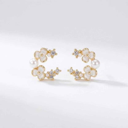 Floral Pearl Crystal Cluster Stud Earrings - ZI FASHION