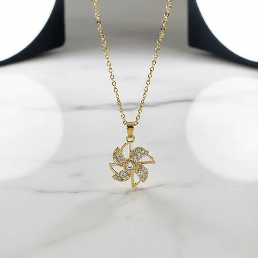 Gold Crystal Pinwheel Pendant Necklace | Sparkling Windmill Flower Necklace - ZI FASHION
