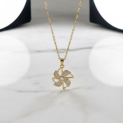 Gold Crystal Pinwheel Pendant Necklace | Sparkling Windmill Flower Necklace - ZI FASHION
