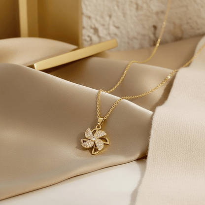 Gold Crystal Pinwheel Pendant Necklace | Sparkling Windmill Flower Necklace - ZI FASHION