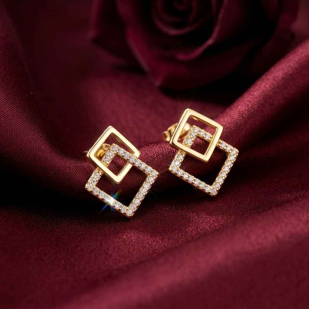 Gold Double Square Stud Earrings for Women | Geometric Diamond Earrings - ZI FASHION