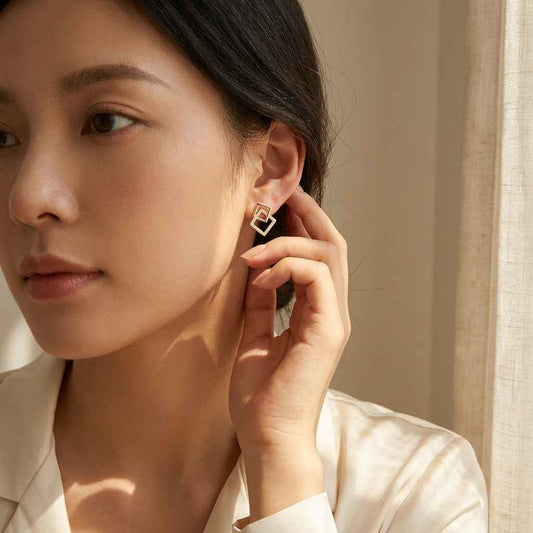 Gold Double Square Stud Earrings for Women | Geometric Diamond Earrings - ZI FASHION