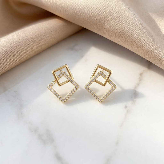 Gold Double Square Stud Earrings for Women | Geometric Diamond Earrings - ZI FASHION