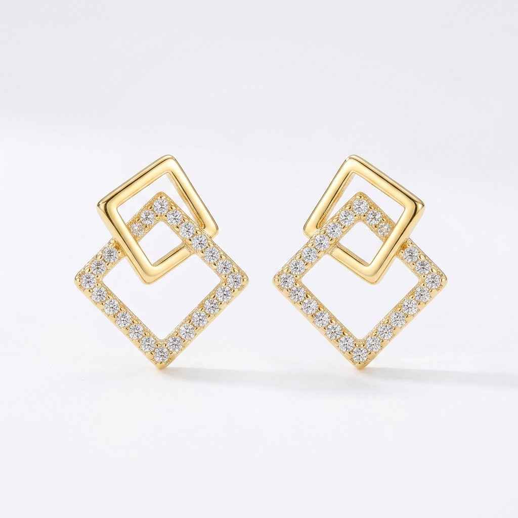 Gold Double Square Stud Earrings for Women | Geometric Diamond Earrings - ZI FASHION