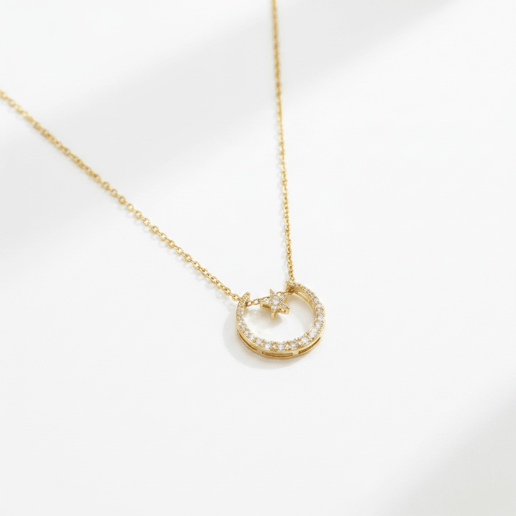 Gold Moon & Star Crystal Pendant Necklace | Celestial Zirconia Crescent Necklace - ZI FASHION