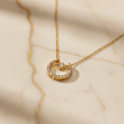 Gold Moon & Star Crystal Pendant Necklace | Celestial Zirconia Crescent Necklace - ZI FASHION