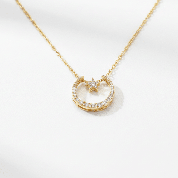 Gold Moon & Star Crystal Pendant Necklace | Celestial Zirconia Crescent Necklace - ZI FASHION
