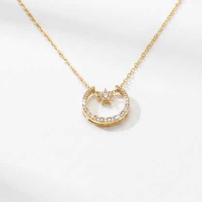 Gold Moon & Star Crystal Pendant Necklace | Celestial Zirconia Crescent Necklace - ZI FASHION