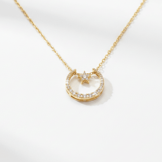 Gold Moon & Star Crystal Pendant Necklace | Celestial Zirconia Crescent Necklace - ZI FASHION