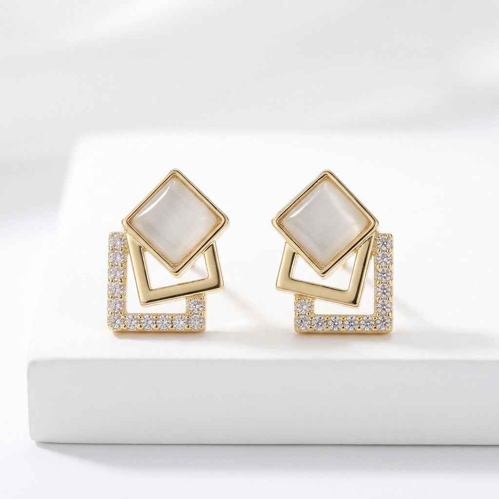 Gold Opal Double Square Crystal Stud Earrings for Women | Geometric Diamond Earrings - ZI FASHION
