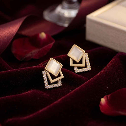 Gold Opal Double Square Crystal Stud Earrings for Women | Geometric Diamond Earrings - ZI FASHION