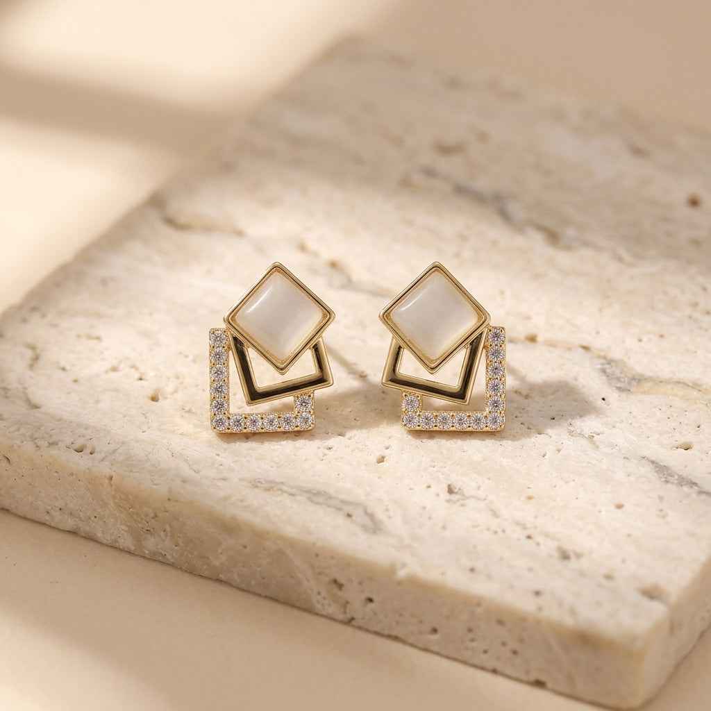 Gold Opal Double Square Crystal Stud Earrings for Women | Geometric Diamond Earrings - ZI FASHION
