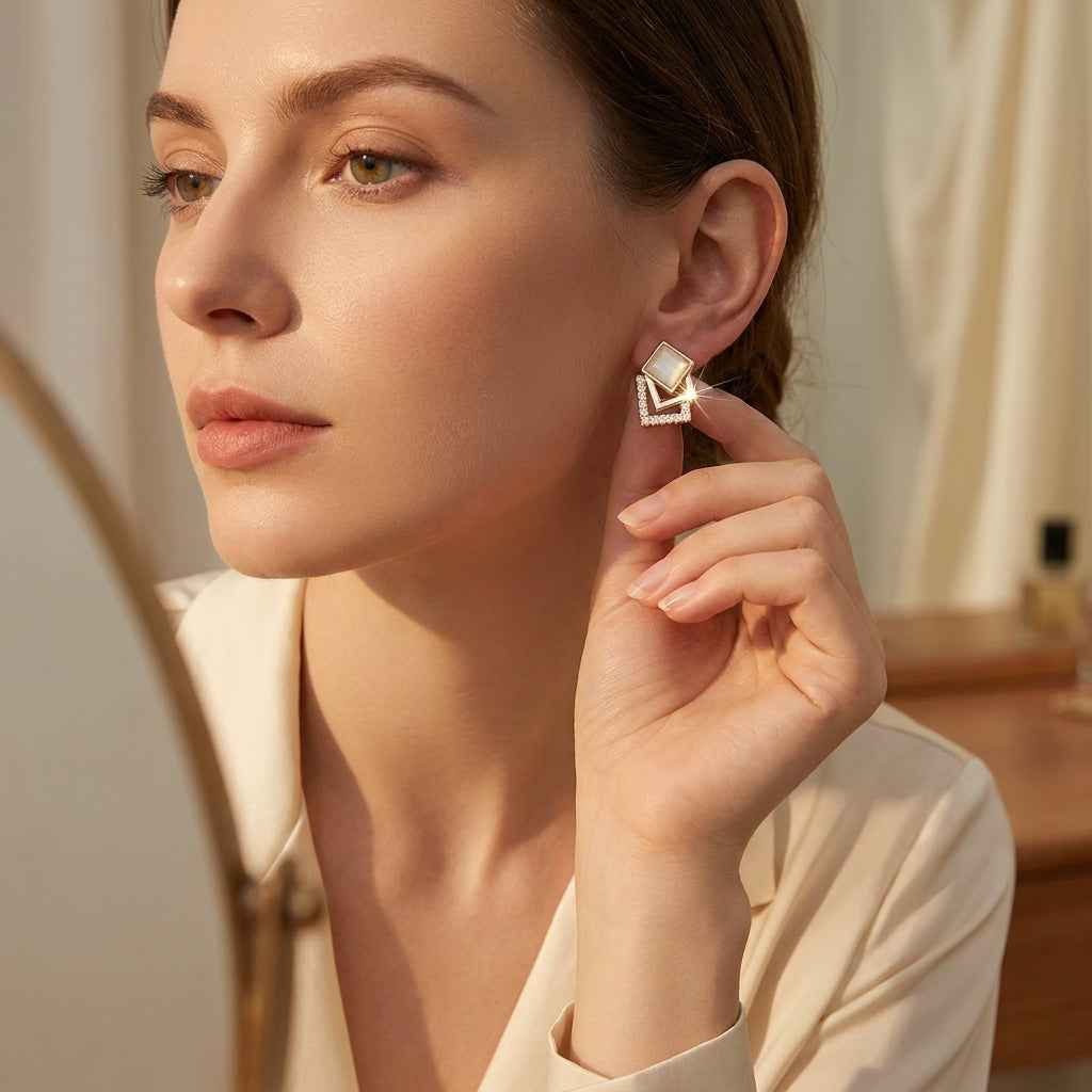 Gold Opal Double Square Crystal Stud Earrings for Women | Geometric Diamond Earrings - ZI FASHION