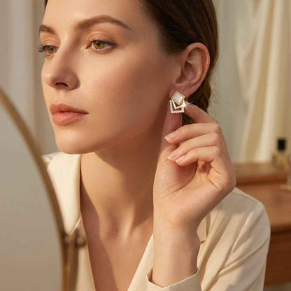 Gold Opal Double Square Crystal Stud Earrings for Women | Geometric Diamond Earrings - ZI FASHION