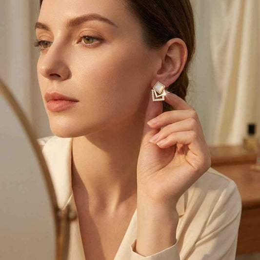 Gold Opal Double Square Crystal Stud Earrings for Women | Geometric Diamond Earrings - ZI FASHION
