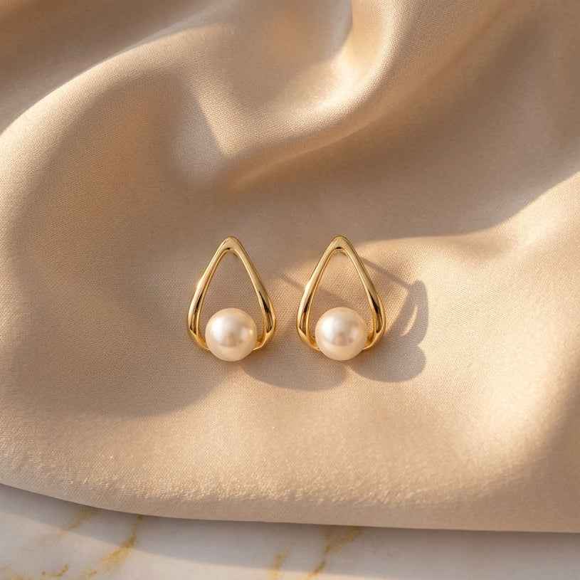 Gold Triangle Pearl Stud Earrings | Gold - Plated - ZI FASHION