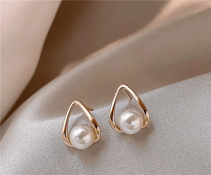 Gold Triangle Pearl Stud Earrings | Gold - Plated - ZI FASHION