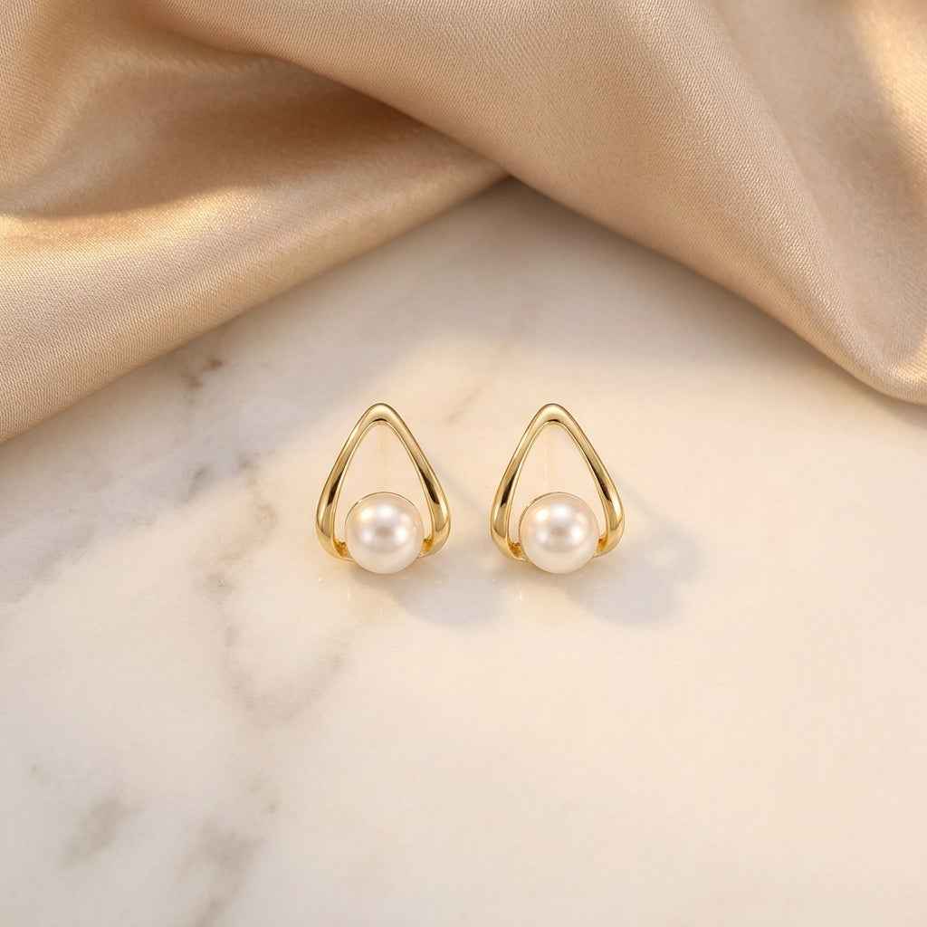 Gold Triangle Pearl Stud Earrings | Gold - Plated - ZI FASHION