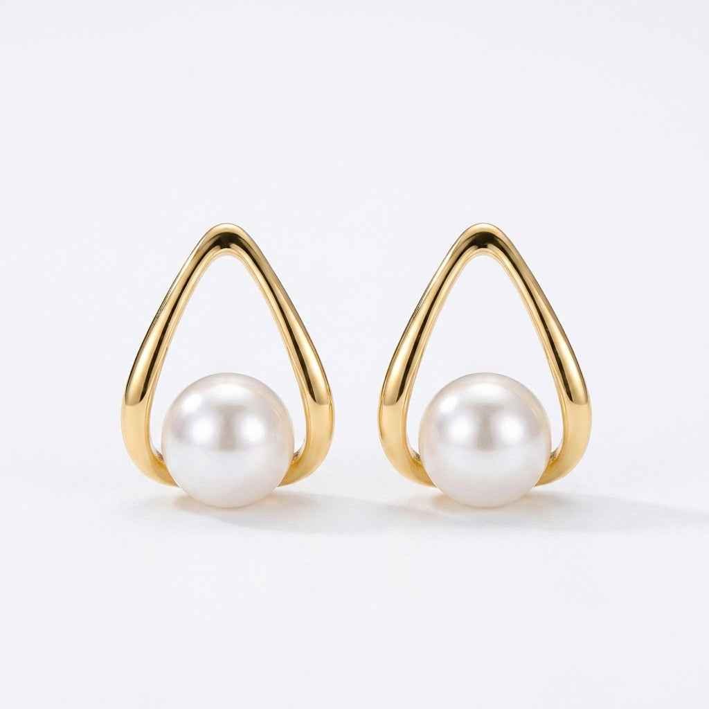 Gold Triangle Pearl Stud Earrings | Gold - Plated - ZI FASHION