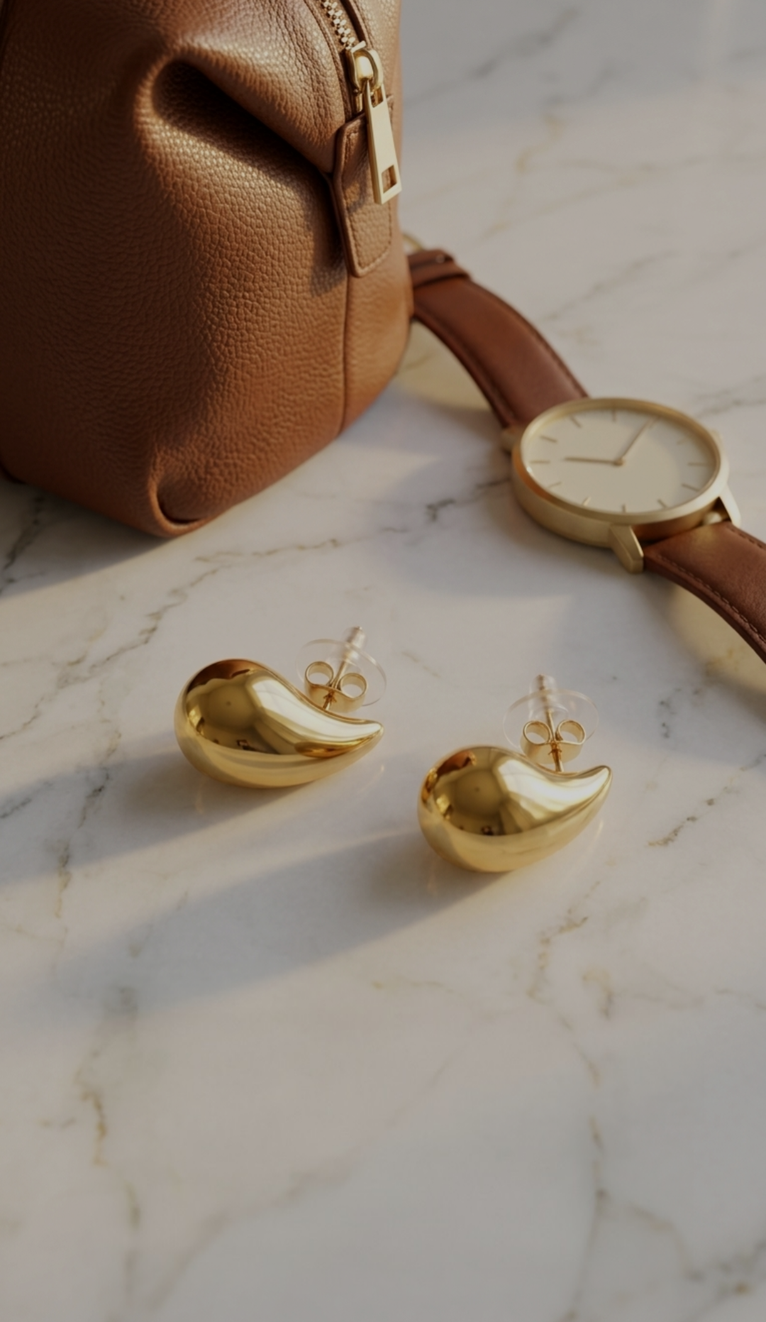 18K PVD gold golden drop stud earrings in polished stainless steel