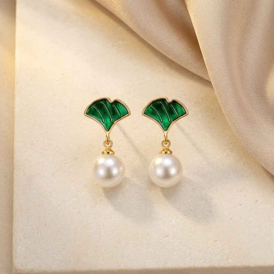 Green Enamel Ginkgo Leaf & Pearl Drop Earrings | Elegant Gold Botanical Earrings for Women - ZI FASHION