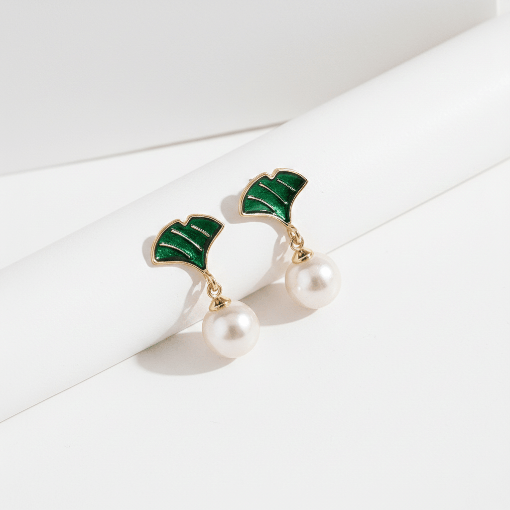 Green Enamel Ginkgo Leaf & Pearl Drop Earrings | Elegant Gold Botanical Earrings for Women - ZI FASHION
