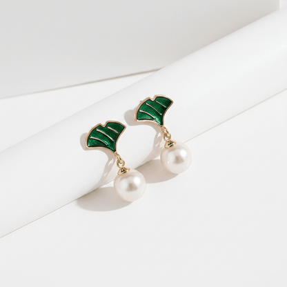 Green Enamel Ginkgo Leaf & Pearl Drop Earrings | Elegant Gold Botanical Earrings for Women - ZI FASHION