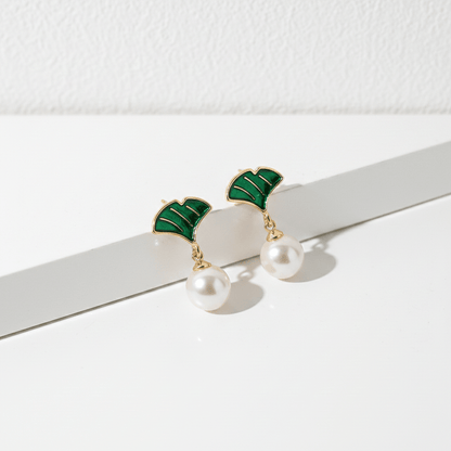 Green Enamel Ginkgo Leaf & Pearl Drop Earrings | Elegant Gold Botanical Earrings for Women - ZI FASHION