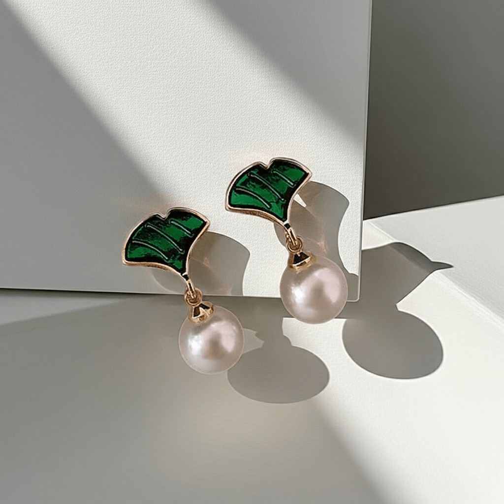 Green Enamel Ginkgo Leaf & Pearl Drop Earrings | Elegant Gold Botanical Earrings for Women - ZI FASHION