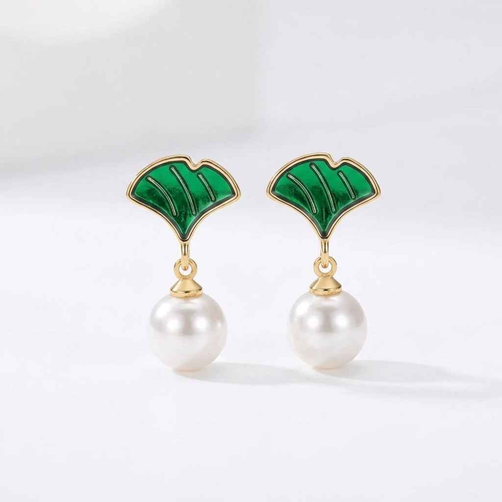 Green Enamel Ginkgo Leaf & Pearl Drop Earrings | Elegant Gold Botanical Earrings for Women - ZI FASHION
