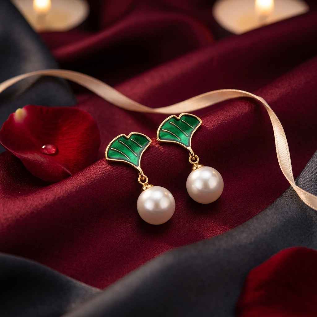 Green Enamel Ginkgo Leaf & Pearl Drop Earrings | Elegant Gold Botanical Earrings for Women - ZI FASHION