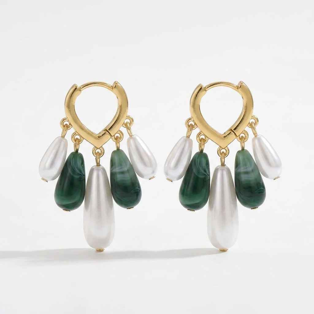 Green Malachite & Pearl Teardrop Hoop Earrings — Bohemian Baroque Style Gold Asymmetrical Drop Earrings - ZI FASHION