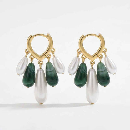 Green Malachite & Pearl Teardrop Hoop Earrings — Bohemian Baroque Style Gold Asymmetrical Drop Earrings - ZI FASHION