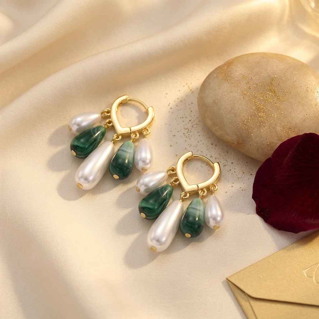 Green Malachite & Pearl Teardrop Hoop Earrings — Bohemian Baroque Style Gold Asymmetrical Drop Earrings - ZI FASHION