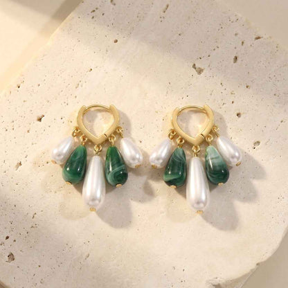 Green Malachite & Pearl Teardrop Hoop Earrings — Bohemian Baroque Style Gold Asymmetrical Drop Earrings - ZI FASHION