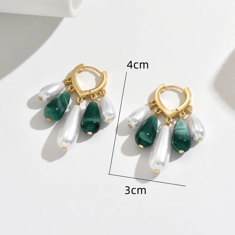Green Malachite & Pearl Teardrop Hoop Earrings — Bohemian Baroque Style Gold Asymmetrical Drop Earrings - ZI FASHION