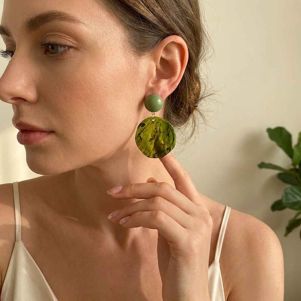 Green Marble Disc Drop Earrings | Oversized Acrylic Statement Earrings - ZI FASHION