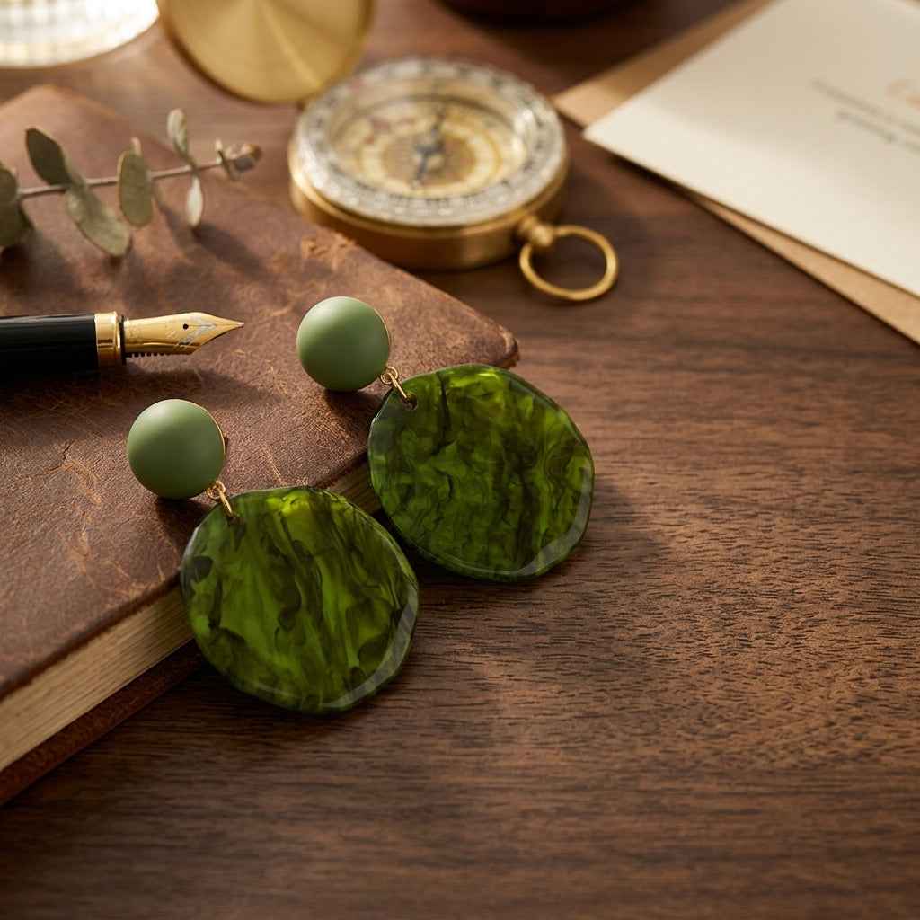 Green Marble Disc Drop Earrings | Oversized Acrylic Statement Earrings - ZI FASHION