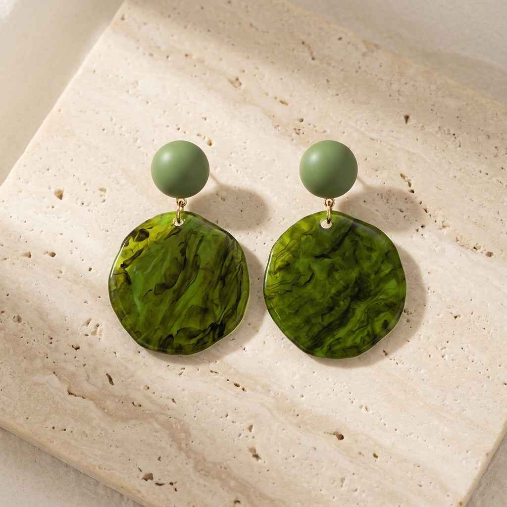 Green Marble Disc Drop Earrings | Oversized Acrylic Statement Earrings - ZI FASHION