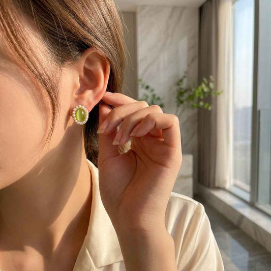 Green Opal Pearl Halo Oval Stud Earrings for Women | Cat Eye Stone Earrings - ZI FASHION