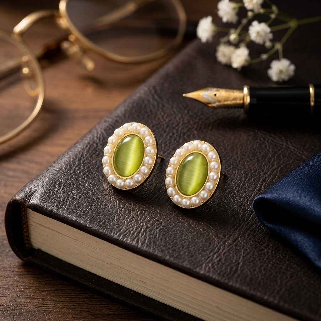 Green Opal Pearl Halo Oval Stud Earrings for Women | Cat Eye Stone Earrings - ZI FASHION
