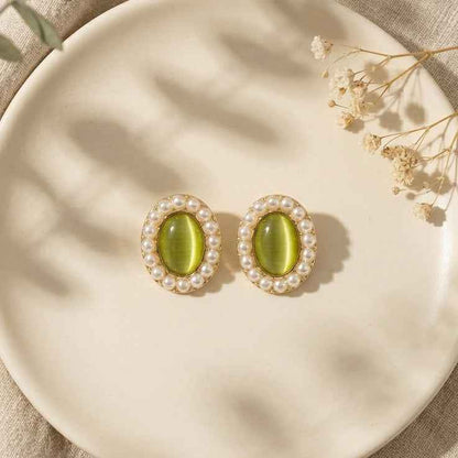 Green Opal Pearl Halo Oval Stud Earrings for Women | Cat Eye Stone Earrings - ZI FASHION