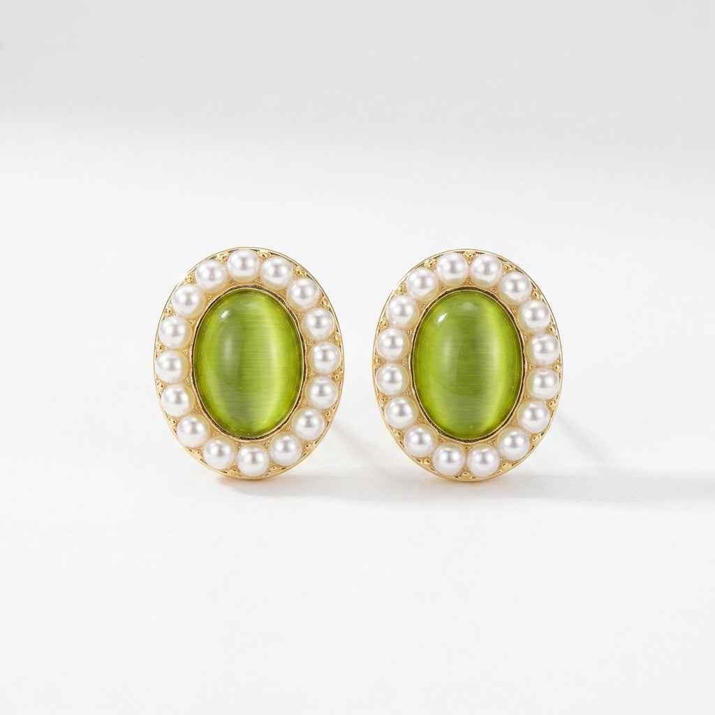 Green Opal Pearl Halo Oval Stud Earrings for Women | Cat Eye Stone Earrings - ZI FASHION