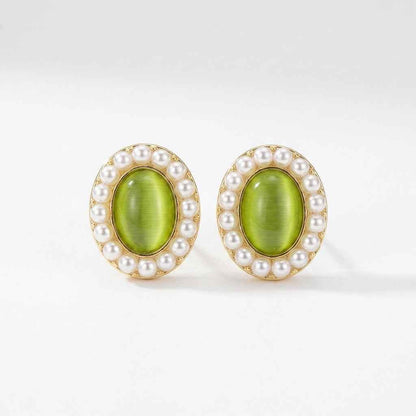 Green Opal Pearl Halo Oval Stud Earrings for Women | Cat Eye Stone Earrings - ZI FASHION