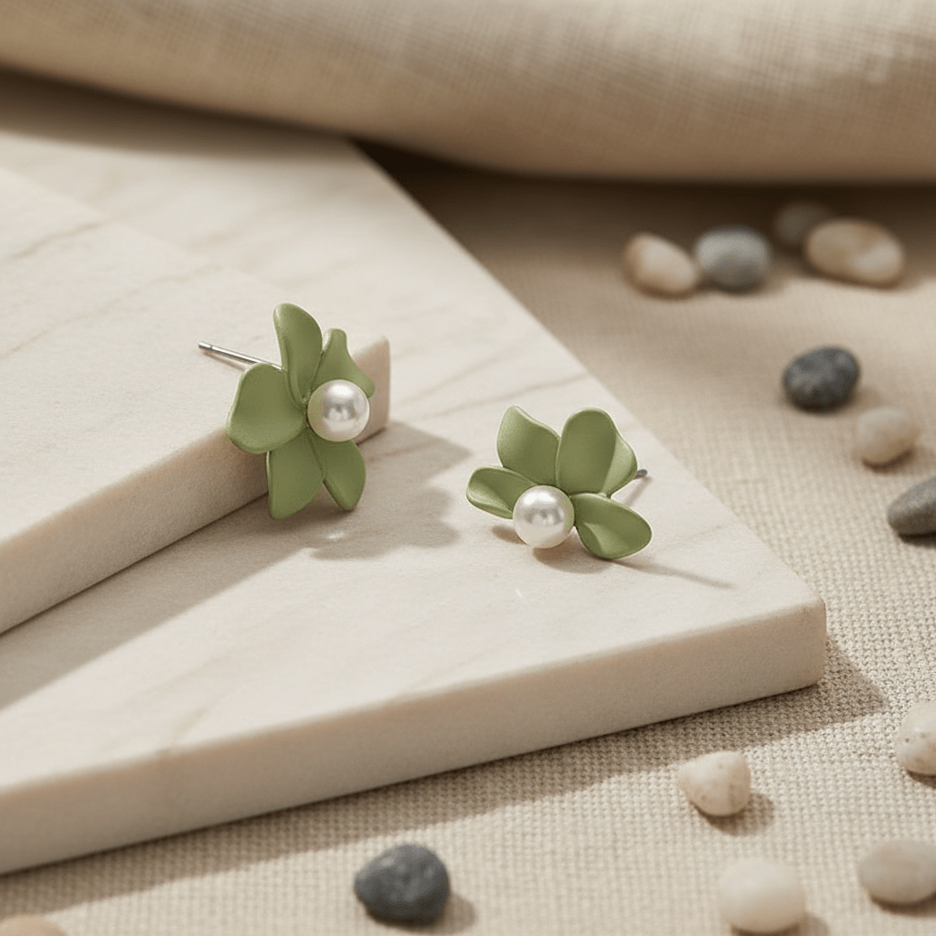 Green Petal & Pearl Stud Earrings | Frosted Floral Earrings with Pearl Centre - ZI FASHION